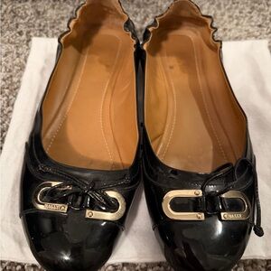 Bally Black Patent Leather Bow-Trim Ballet Flats with Gold Hardware